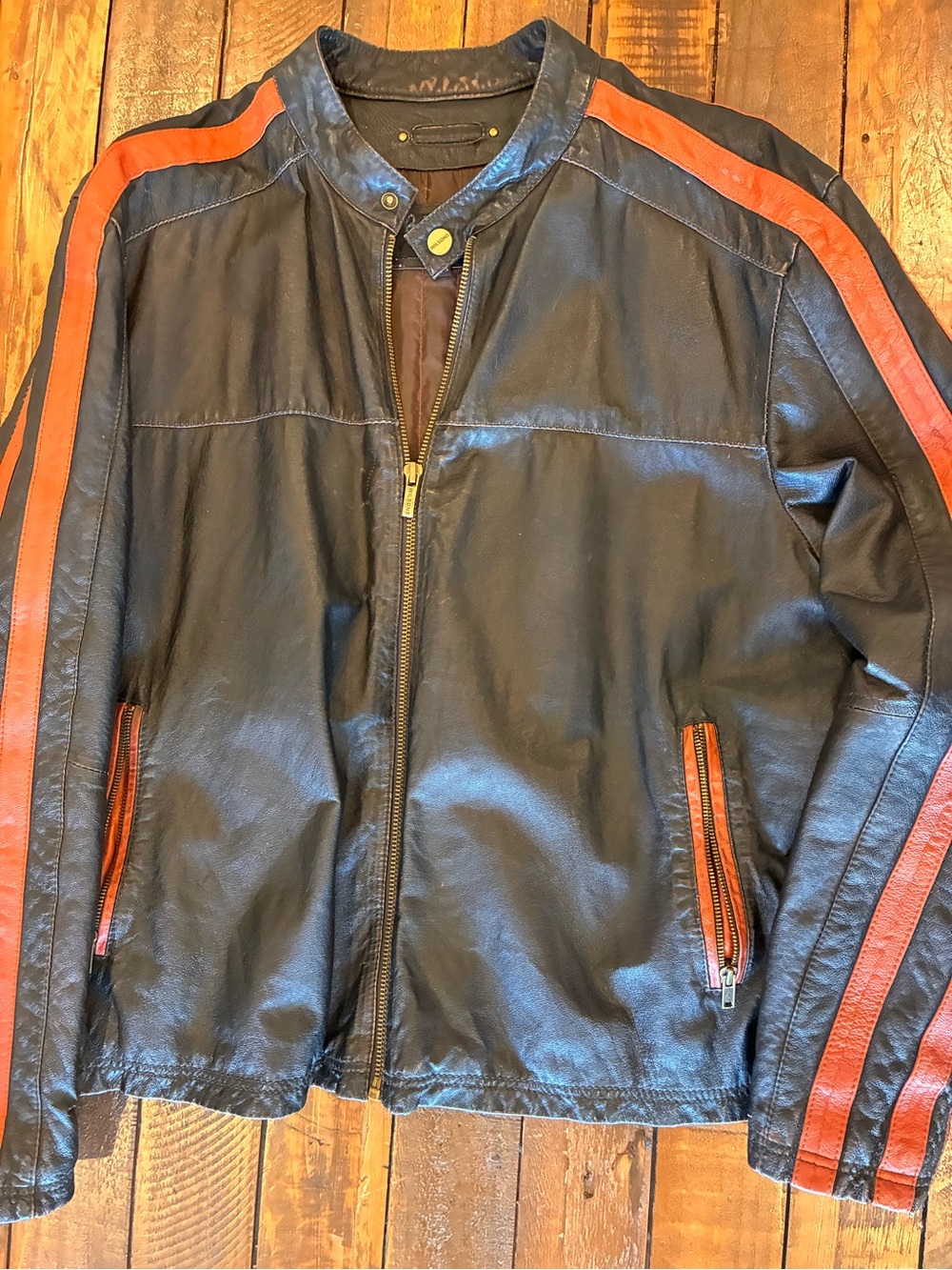 Wilsons Leather Black Leather Bomber Jacket with Orange Stripes